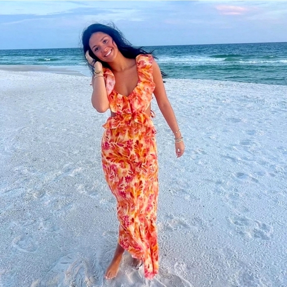ZARA MAXI DRESS Printed Orange SIZE L & XL - Picture 9 of 16